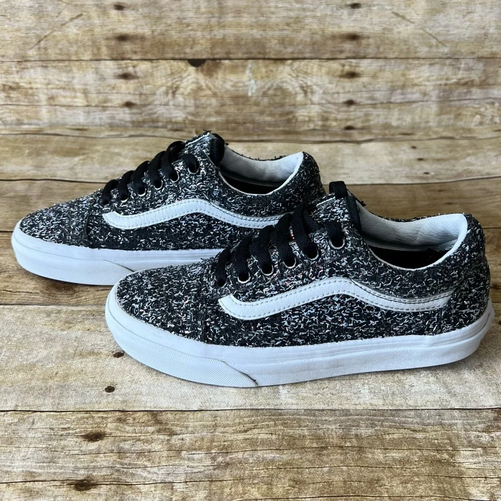 Vans Old Skool Kids Black White Glitter Textured Low Top Sneakers Shoes‎